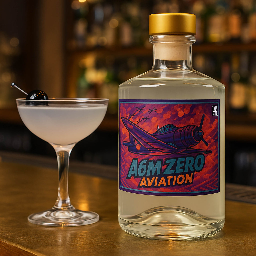 A6M Zero Aviation ready to drink Naturae Spirit, cocktail artigianale a base di Naturae Gin premium, violetta e agrumi, ispirato all’iconico drink Aviation. Bicchiere con Cocktail guarnito con Amarena 