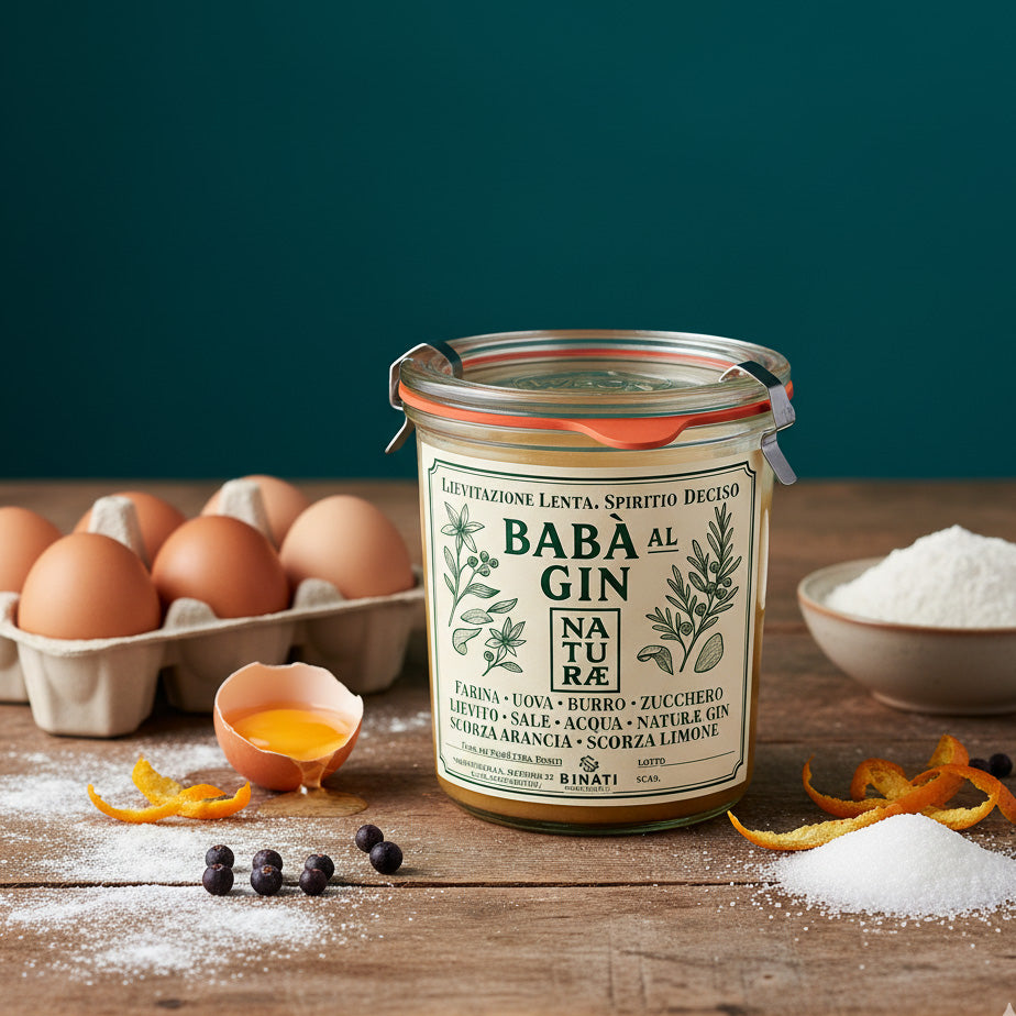 Babbà Naturae  in vasocottura con gin Fructetum, dolce artigianale italiano 290g, con scorza di agrumi e ginepro 