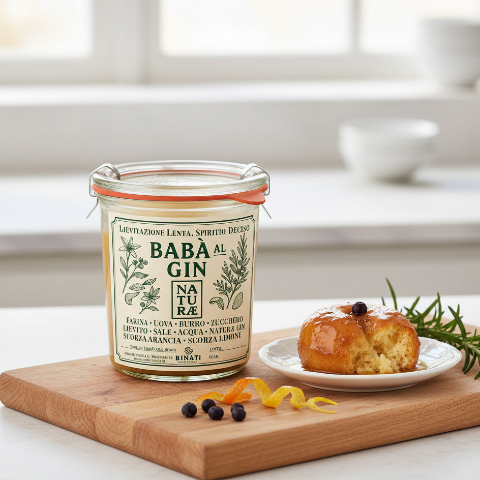 Babbà Naturae  in vasocottura con gin Fructetum, dolce artigianale italiano 290g Con scorza di Agrumi 