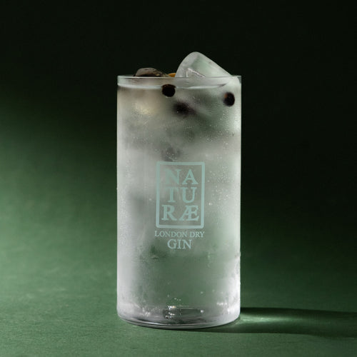 Bicchiere tumbler alto Naturae Spirits con logo inciso, ideale per gin tonic e cocktail artigianali.