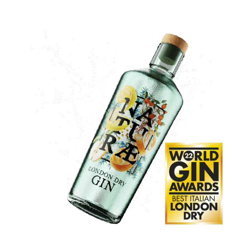 Naturae Gin Fructetum – gin artigianale italiano premiato ai World Gin Awards 2022, esposto in bottiglia elegante.
