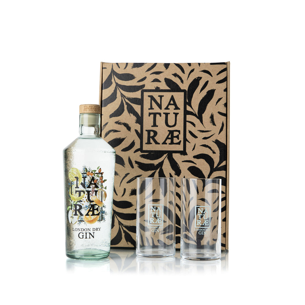 Naturae Spirits Gin Fructetum Gift Box edizione speciale con due bicchieri Con logo Naturae – gin artigianale agrumato in elegante confezione regalo.