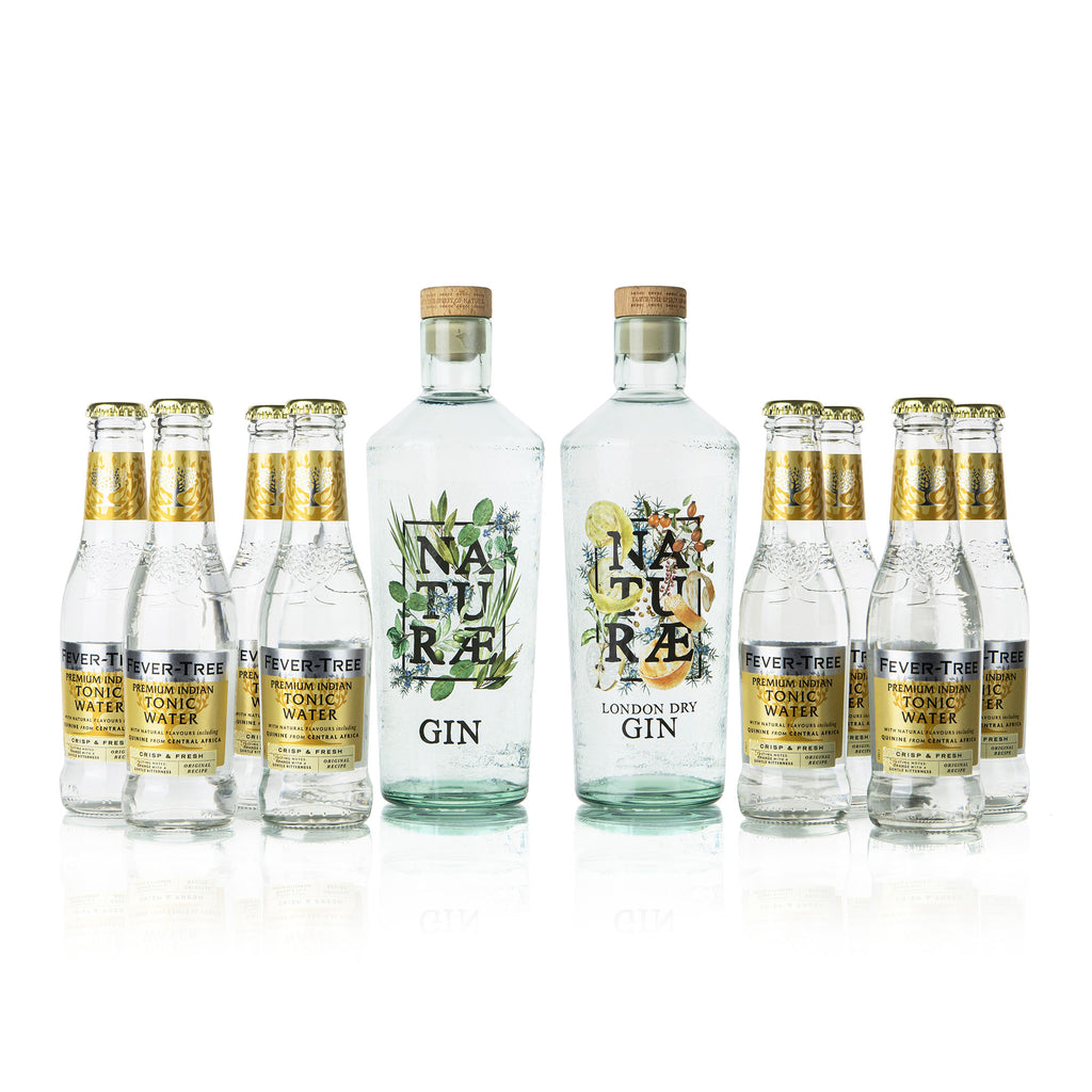 Kit Party Premium Naturae Spirits con gin Fructetum e Herbarium e 8 toniche Fever-Tree, cofanetto degustazione artigianale made in Italy.