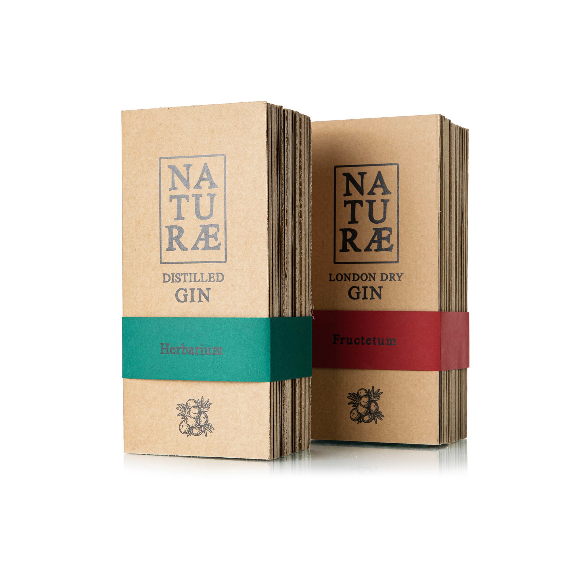 Duo Naturae Spirits Gin Fructetum e Herbarium con astuccio regalo plastic free – due gin artigianali, uno agrumato e uno erbaceo, confezionati in elegante packaging sostenibile.