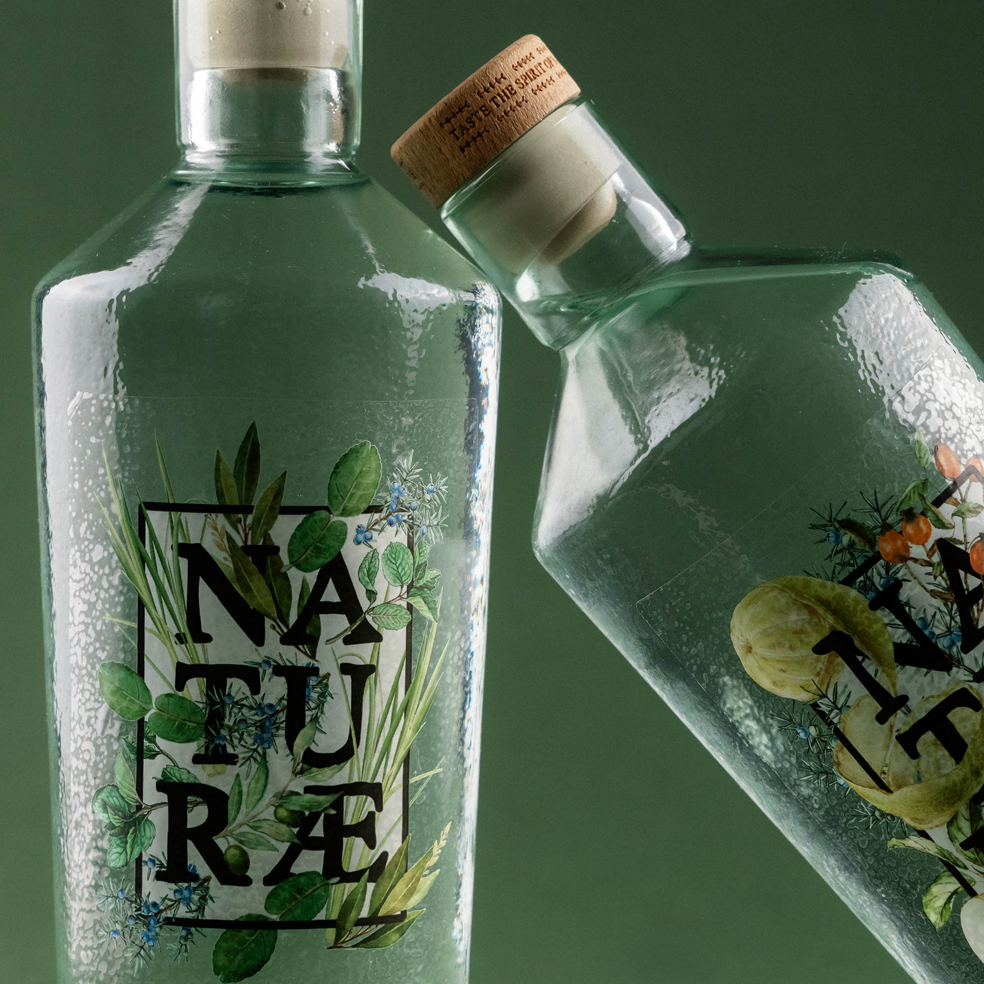 Naturae Gin Fructetum e Herbarium, due gin artigianali Italiani dal carattere agrumato e botanico, in bottiglie in vetro sostenibili.