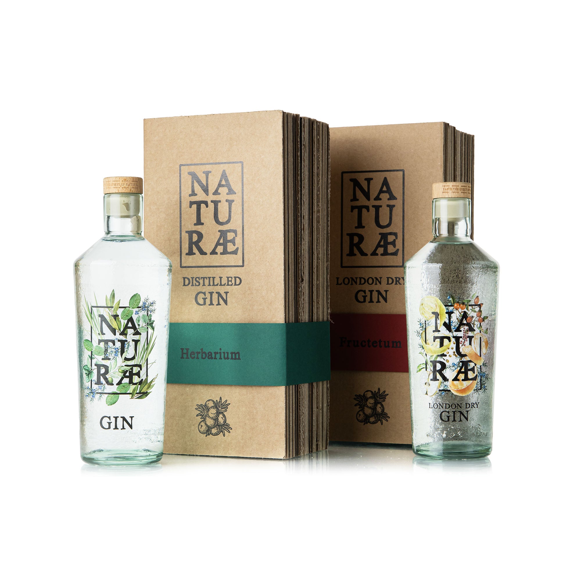 Duo Naturae Spirits Gin Fructetum e Herbarium con astuccio regalo plastic free – due gin artigianali, uno agrumato e uno erbaceo, confezionati in elegante packaging sostenibile.