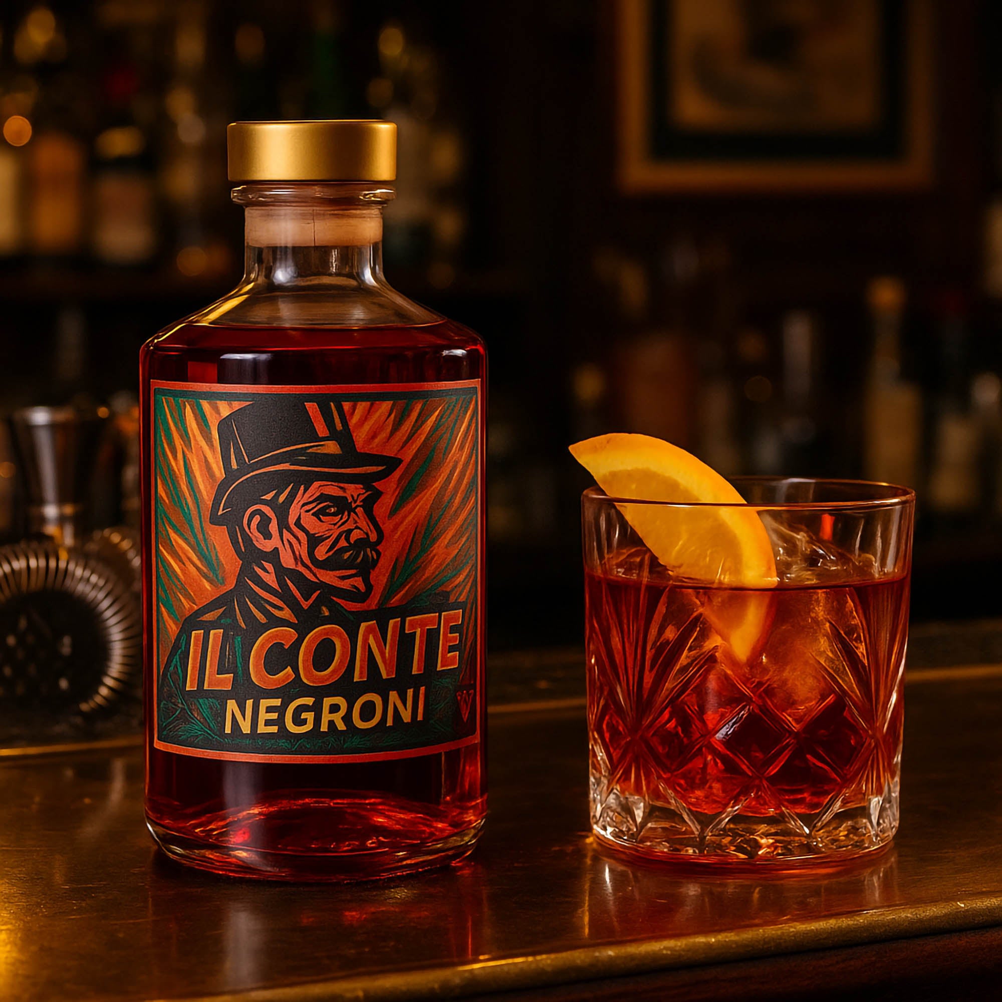 Il Conte Negroni ready to drink  Naturae Spirit, cocktail artigianale a base di Naturae Gin, Vermouth rosso e Bitter, ispirato al classico Negroni italiano. Bicchiere con guarnizione fetta di Arancia 