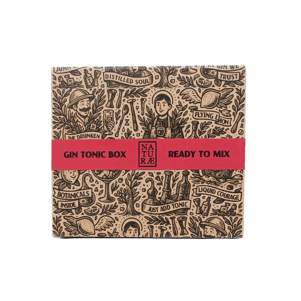 Gin Tonic Box di Naturae Spirits, confezione con una bottiglia da 100 ml di Naturae Gin Fructetum e una tonica Kinley da 150 ml, perfetta per preparare un gin tonic premium pronto da gustare.
