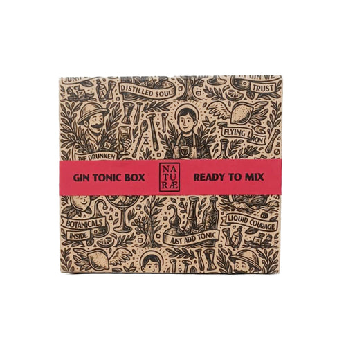 Gin Tonic Box di Naturae Spirits, confezione con una bottiglia da 100 ml di Naturae Gin Fructetum e una tonica Kinley da 150 ml, perfetta per preparare un gin tonic premium pronto da gustare.