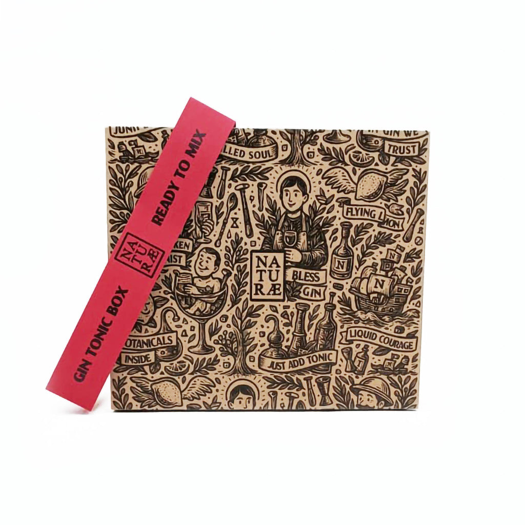Gin Tonic Box di Naturae Spirit, confezione con una bottiglia da 100 ml di Naturae Gin Fructetum e una tonica Kinley da 150 ml, perfetta per preparare un gin tonic premium pronto da gustare. Ready to Mix 