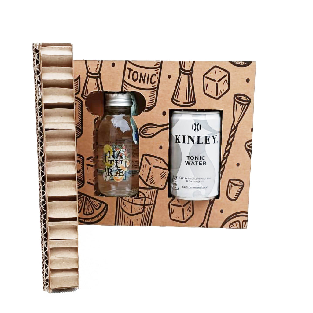 Box degustazione Gin Tonic Naturae Spirit, include 1 bottiglia di Gin Fructetum 100 ml e 1 tonica Kinley 150 ml, ideale come idea regalo o per un cocktail premium a casa.