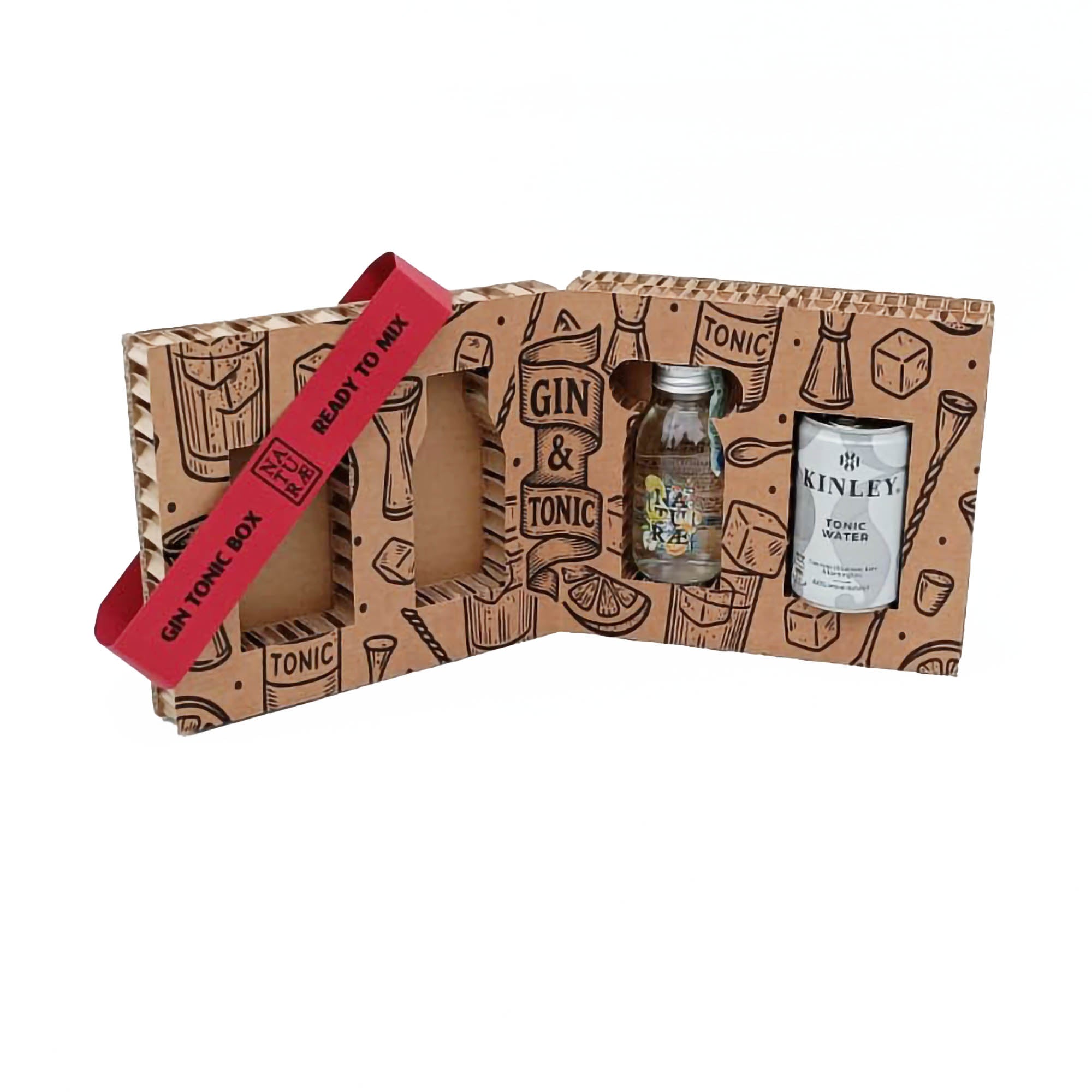 Box degustazione Gin Tonic Naturae Spirit, include 1 bottiglia di Gin Fructetum 100 ml e 1 tonica Kinley 150 ml, ideale come idea regalo o per un cocktail premium a casa.