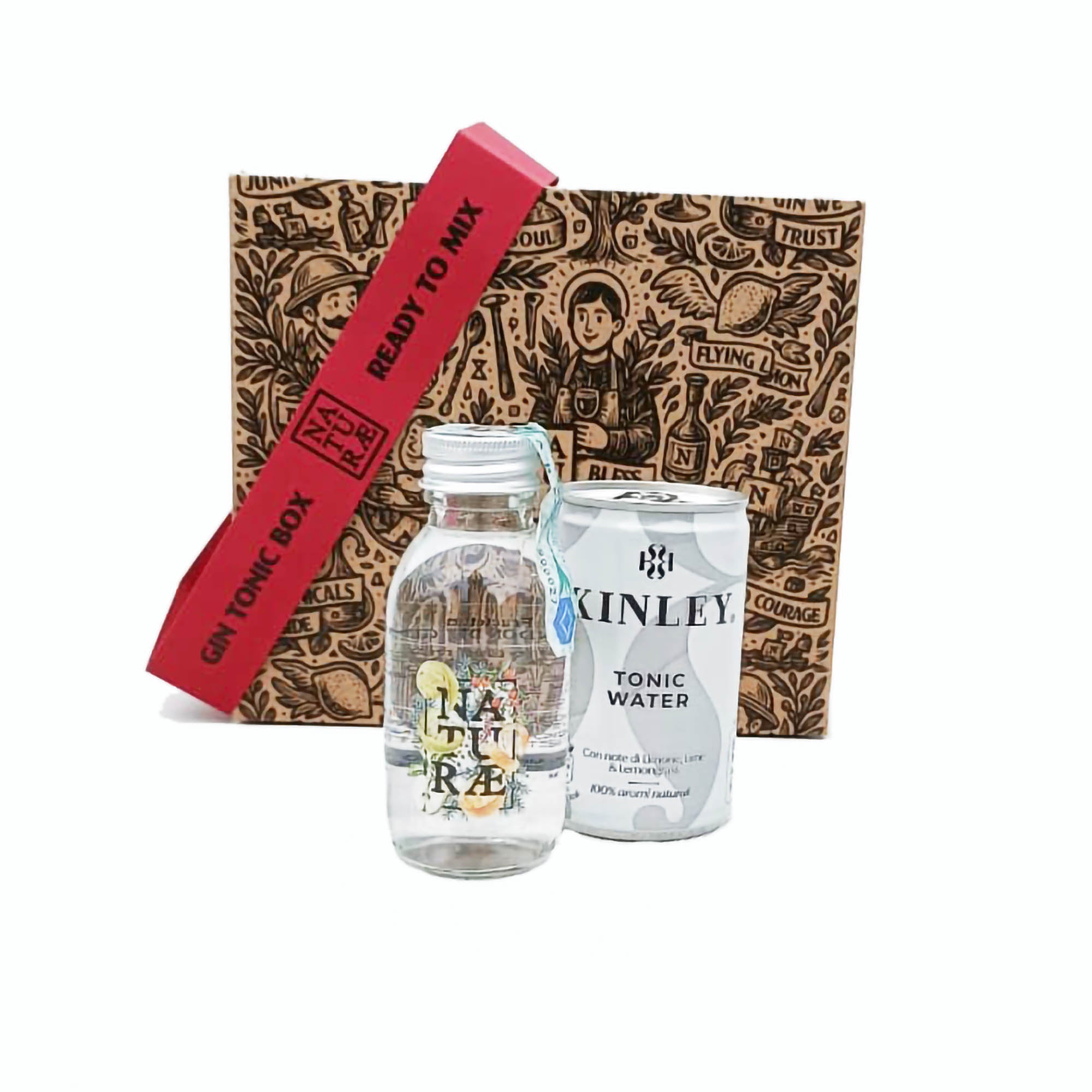 Gin Tonic Box di Naturae Spirits, confezione con una bottiglia da 100 ml di Naturae Gin Fructetum e una tonica Kinley da 150 ml, perfetta per preparare un gin tonic premium pronto da gustare. Ready to Mix 