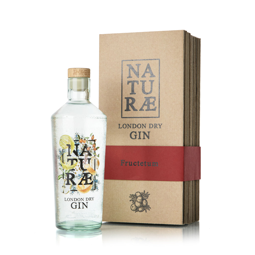 Naturae Gin Fructetum London Dry Gin agrumato in astuccio elegante, cofanetto in cartone plastic free, gin artigianale made in Italy con botaniche mediterranee.