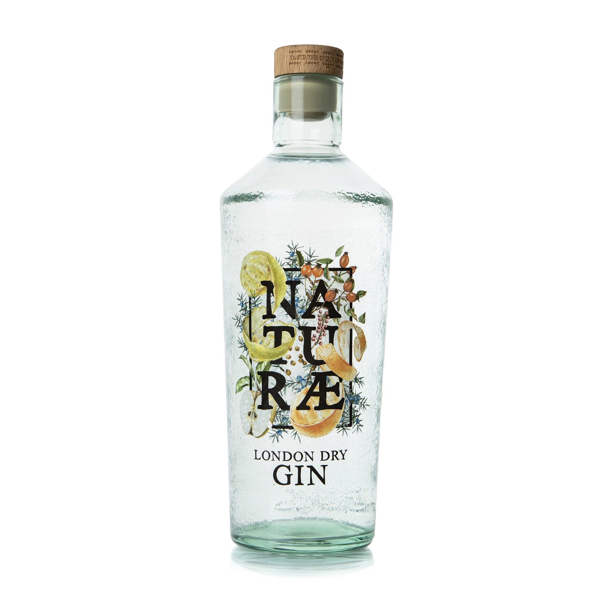 Bottiglia di Naturae Gin Fructetum London Dry Gin agrumato, artigianale made in Italy con Arancia, Bergamotto, Ginepro, Rosa canina, Pepe cubebe, Mela e Semi di Coriandolo 