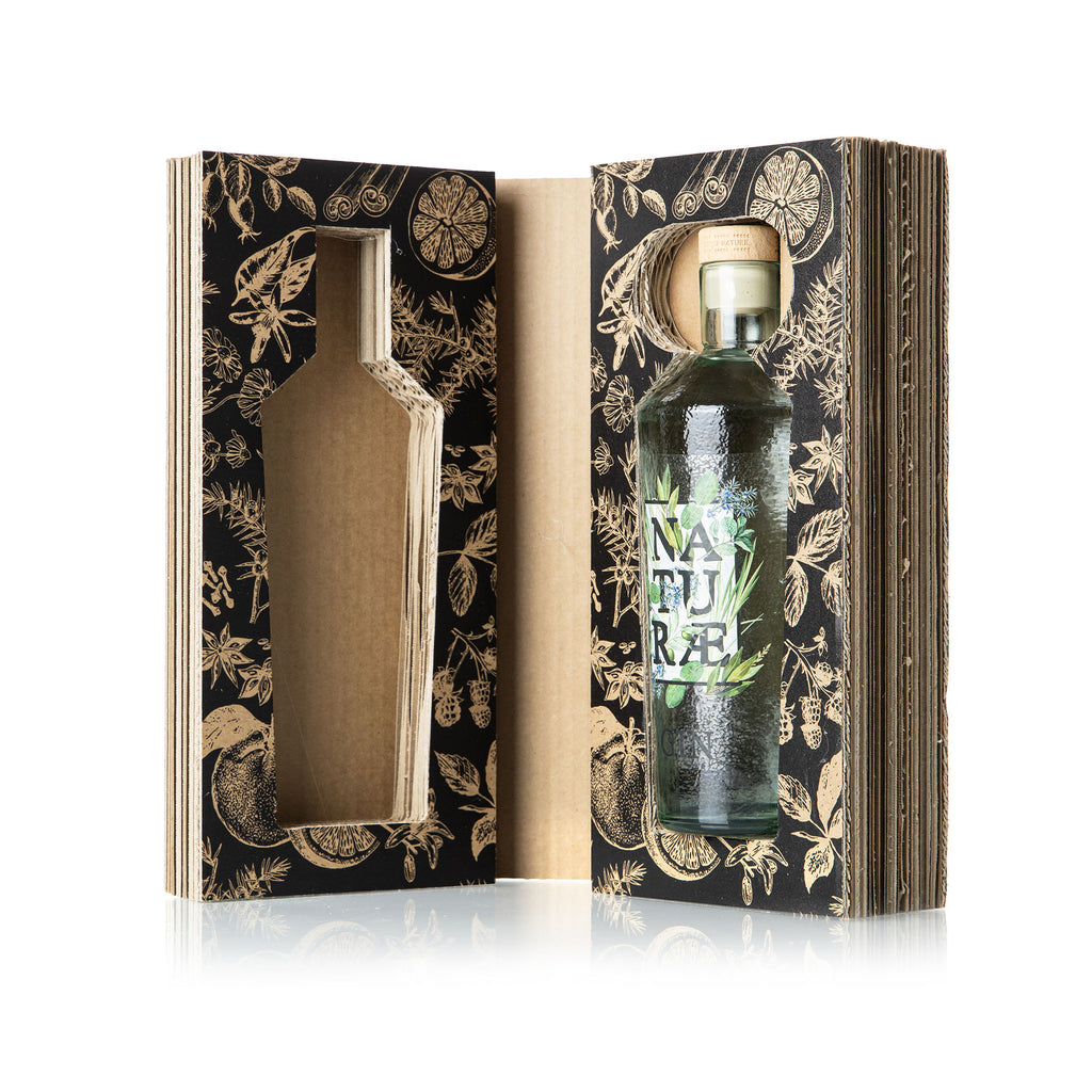 Naturae Gin Herbarium Distilled Gin con astuccio in cartone eco-friendly, packaging premium e sostenibile Naturae Spirits.