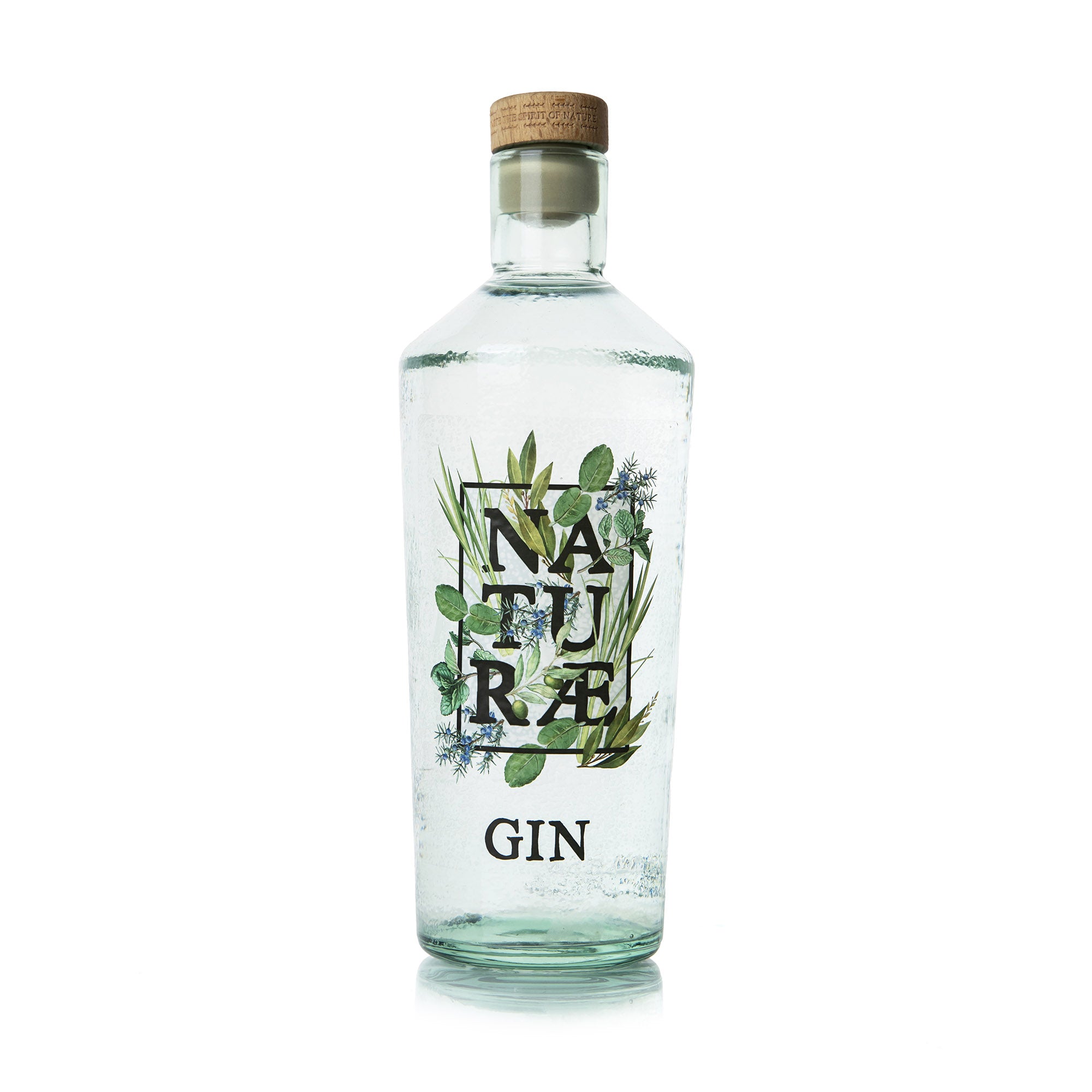 Bottiglia di Naturae Gin Herbarium, Distilled gin artigianale con ginepro, menta, lemongrass e foglie d’ulivo, made in Italy.