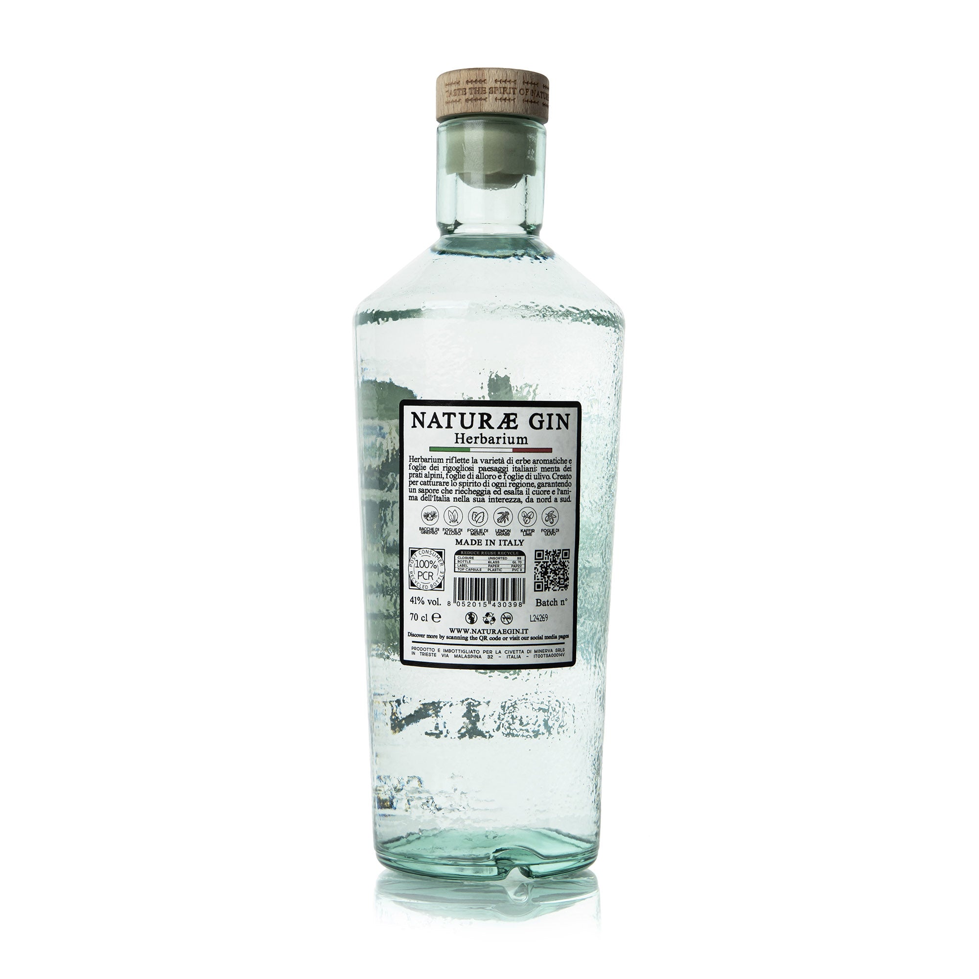 Bottiglia di Naturae Gin Herbarium, distilled gin artigianale con ginepro, menta, lemongrass e foglie d’ulivo, Alloro made in Italy. 